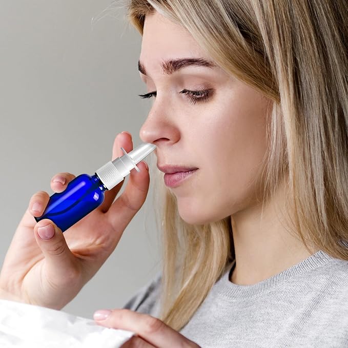 60 Pcs Nasal Spray Bottle Empty, Blue Glass Refillable Fine Mist Nasal Spray Bottles with 12 Funnels and 12 Labels (30ML/1oz)