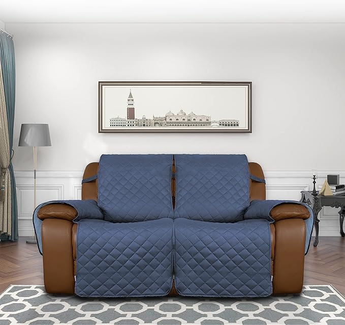 Easy-Going Loveseat Recliner Cover, Reversible Couch Cover for Double Recliner, Split Sofa Cover for Each Seat, Furniture Protector with Elastic Straps for Kids, Dogs(2 Seater, Dark Blue/Light Blue)