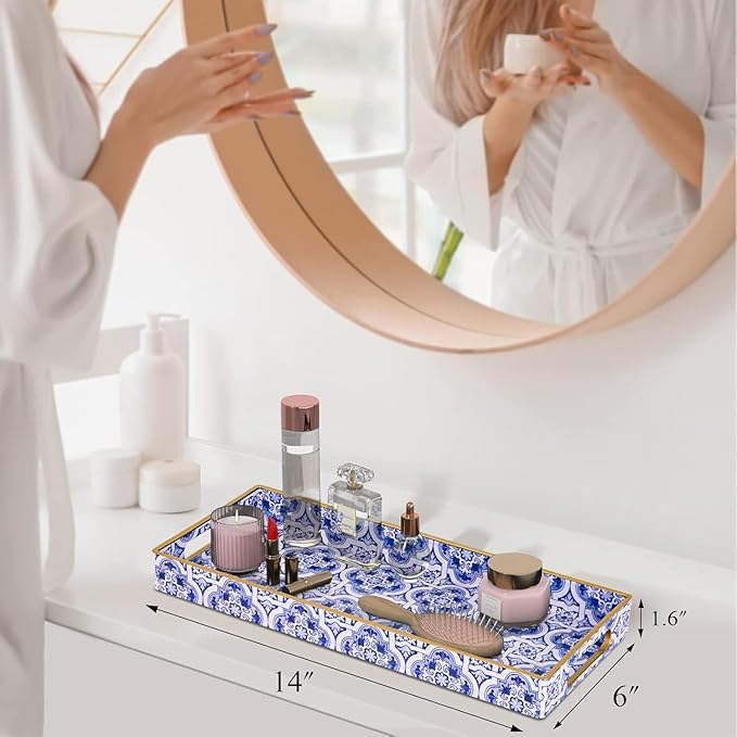 MAONAME Blue Vanity Tray Set of 2, Plastic Decorative Trays with Handles, Small Moroccan Bathroom Trays for Toilet Tank, Dresser Counter, 13.8" X 6" X 1.57"