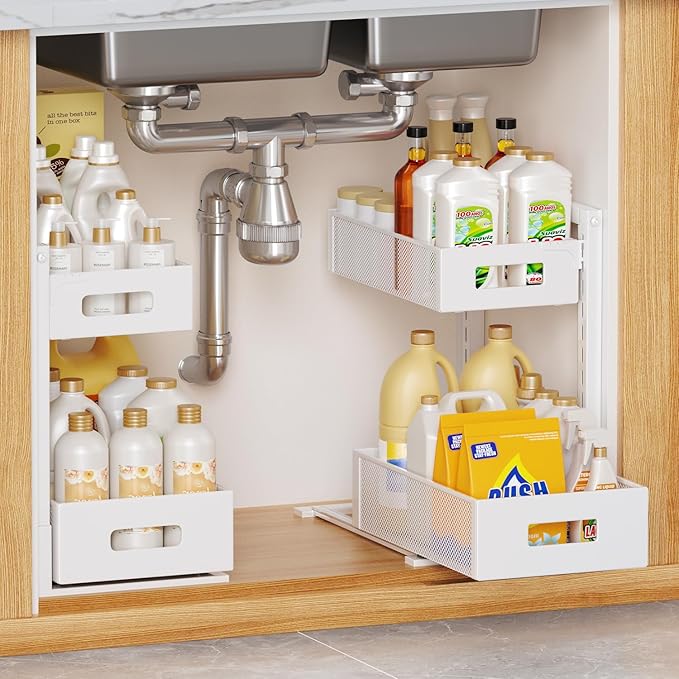 2 Pack Under Sink Organizer, Adjustable Height Under Sink Organizers and Storage, Smooth & Silent Sliding Out Metal Drawer for Kitchen Bathroom Pantry Cabinet Closet (White)