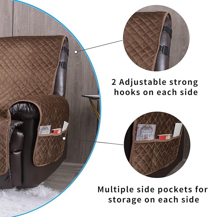 Velvet Recliner Covers Non Slip Waterproof Large Recliner Chair Covers for Leather Chairs Reversible Recliner Sofa Cover for Living Room Recliner Furniture Protectors Covers for Dog Pets Brown 23"