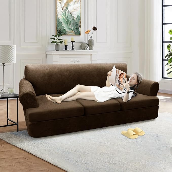 4-Piece T Cushion Sofa Slipcovers - Leather Look Couch Cover for 3 Cushion Couch - Furniture Protector - Stretch Sofa Cover with 3 Individual Seat Covers - Washable, Dark Brown
