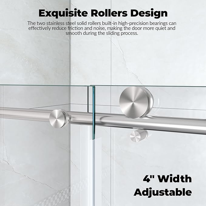 Sliding Shower Door 44–48 inch W× 76 inch H, Frameless Glass Shower Door with Round Stainless Steel Rail and 55mm Rollers, 6mm Tempered Glass, Space-Saving Shower Doors for Small Bathrooms