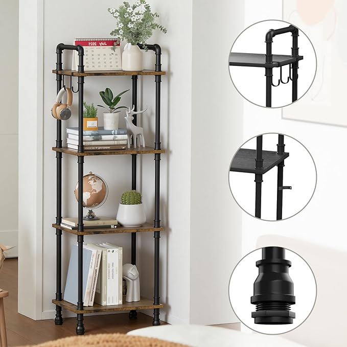 Aduanbang 4-Tier Industrial Pipe Ladder Shelf, Vintage Style Bookshelf, Freestanding Storage Rack Organizer for Living Room, Bedroom, Kitchen (Black(4-Tier))