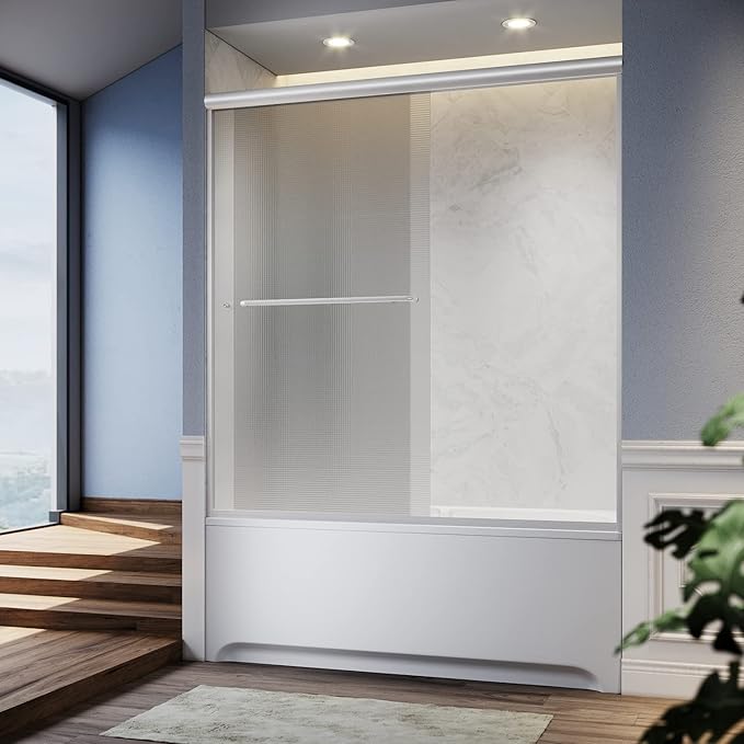 SUNNY SHOWER Double Sliding Shower Door Frosted Glass Shower Enclosure Sliding 60" W x 57.4" H Bathtub Door 1/4" Glass Panel, Brushed Nickel Finish