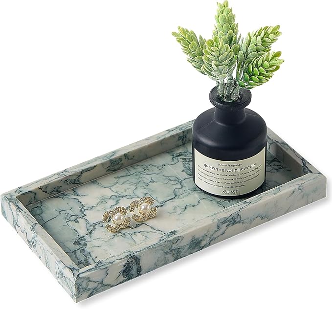 Natural Small Marble Vanity Tray, Luxury Stone Organizer for Bathroom & Kitchen | Holds Soap Dispenser, Jewelry, Perfume | Non-Resin, Non-Ceramic Décor (Cyan-Green, Mini (7.9" x 4.3" x 0.78"))
