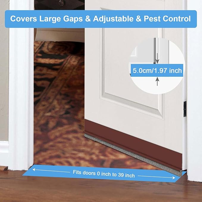 39-inch Door Draft Stopper with Brush - Adhesive Weather Stripping Seal for Exterior/Interior Doors | Under Door Sweep Blocks Drafts, Noise & Dust | Fits 1/4"-1" Gaps (Brown)