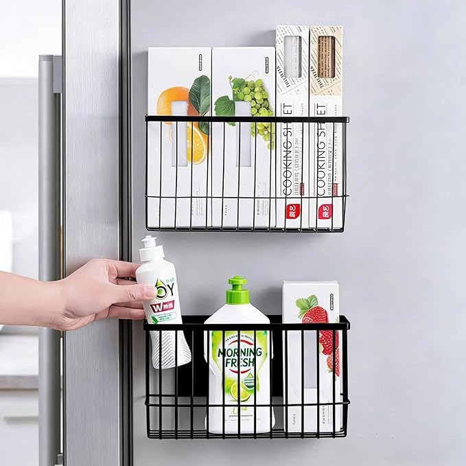 Magnetic Storage Shelf 2 Pack, Magnetic Dryer Balls Holder & Magnetic Spice Basket for Refrigerator, Multipurpose Fridge Organizer for Kitchen Laundry Room Organization