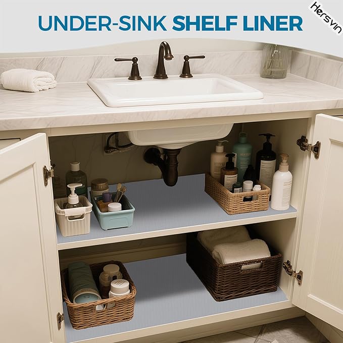 Hersvin Shelf Liners, 20in x 20ft Kitchen Drawer Mats, Non-Adhesive EVA Cupboard Protector, Cabinet Lining (Light Gray/Dot)