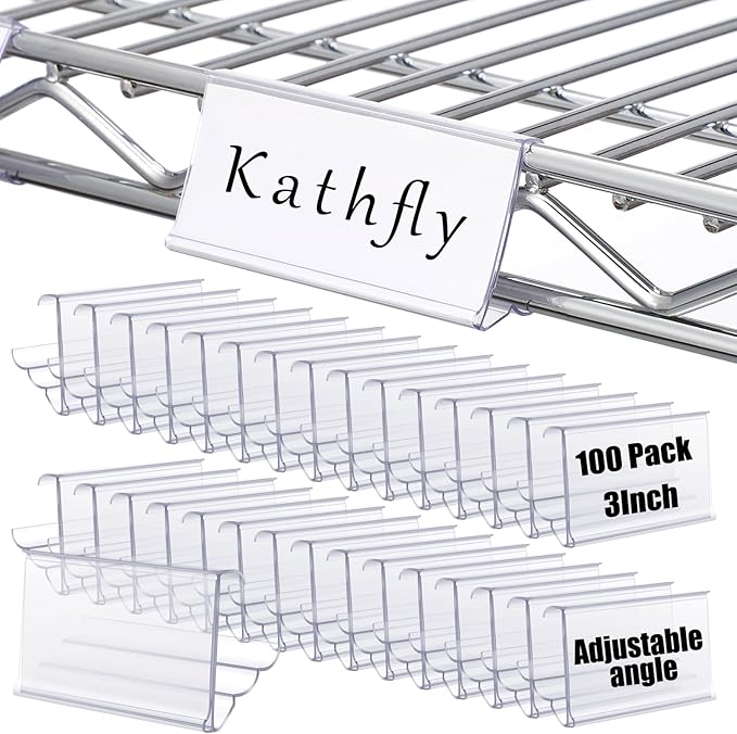 Kathfly 100 Pack Wire Shelf Label Holders Shelf Cable Tags for Wire Shelving 3 Viewing Angles 3" Adjustable Clear Plastic Rack Label Holder Retail Clips Compatible with 1-1/4in Metro Shelving