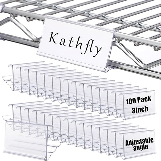 Kathfly 100 Pack Wire Shelf Label Holders Shelf Cable Tags for Wire Shelving 3 Viewing Angles 3" Adjustable Clear Plastic Rack Label Holder Retail Clips Compatible with 1-1/4in Metro Shelving