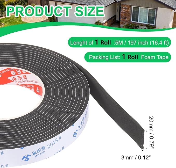 PATIKIL Sponge Rubber Foam Tape, 25/32" W x 1/8" t x 16.4ft l Self-Adhesive Foam Insulation Tape Weather Stripping for Window Door Soundproofing Weatherstrip AC Seal Strip, Black