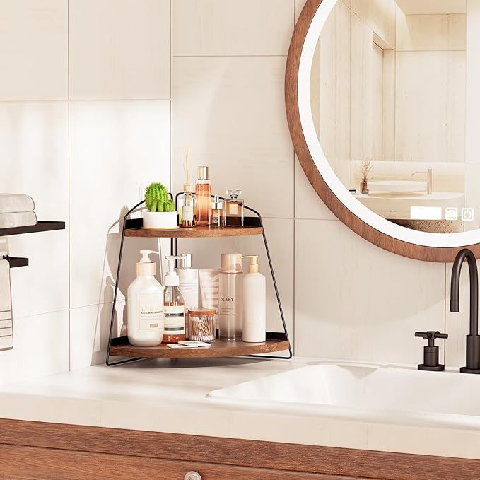 Puricon Bathroom Counter Organizer, 2 Tier Corner Countertop Storage Shelf Bathroom Sink Organizer, Wood Triangle Organization for Skincare Kitchen Vanitity -Brown, 2 Pack