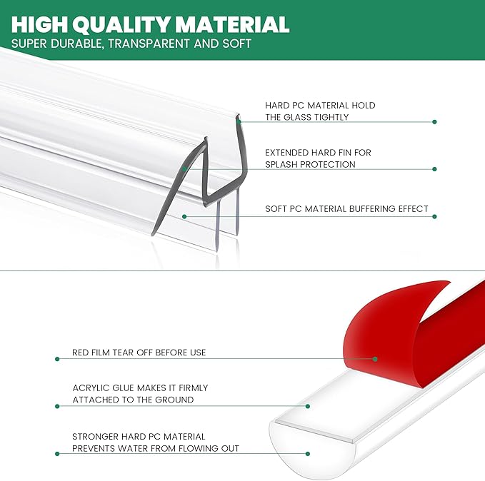 Glass Door Bottom Seal, 1/4" x 39" Shower Door Clear Silicone Seal Strip and PVC Base Set, Frameless Doors Bottom Sweep Glass-Stop Shower Leaks Frameless Shower Doors