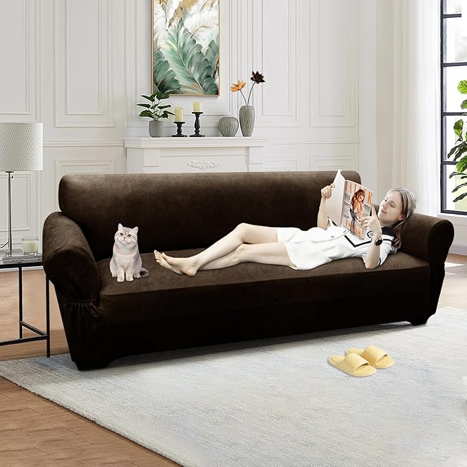 Couch Cover Leather Look 3 Seater Couch Sofa Cover 1-Piece Sofa Slipcover Stretch Furniture Protector with Elastic Bottom & Pockets(Sofa, Coffee)