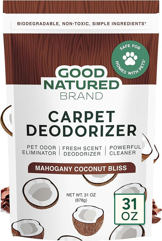Good Natured Brand | Carpet Deodorizer & Freshener Powder | 31 oz Pet Odor Eliminator for Strong Odor & Pet Urine | Fresh Natural Mahogany Coconut Bliss Scent | Safe for Homes with Pets