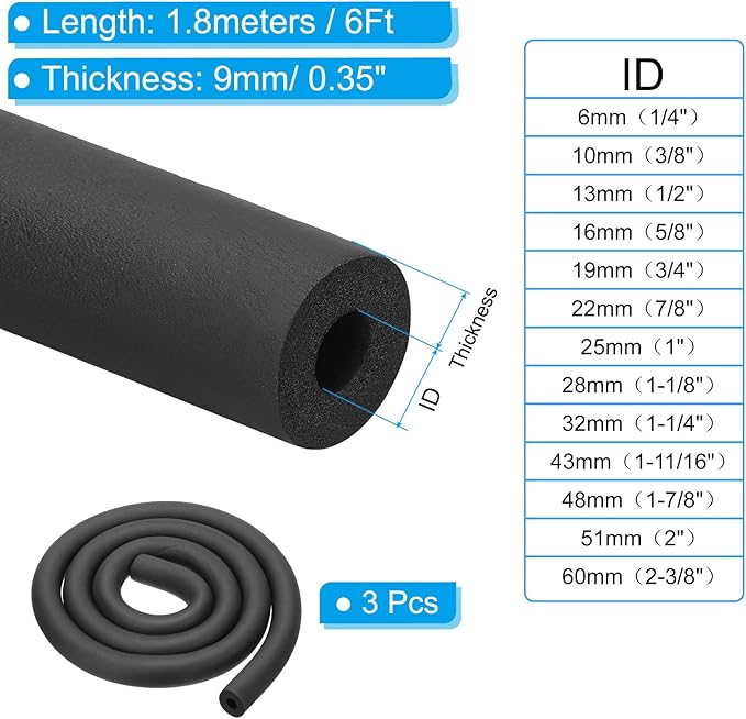 PATIKIL 3/8"(10mm) ID x 6Ft Pipe Insulation Foam Tube, 3Pcs Pipe Cover Wrap Roll Bar Padding Tubing for Handle Grip HVAC Outdoor Air Conditioner Units