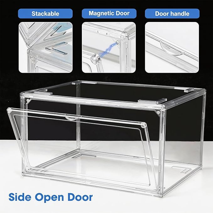 HIYOHIYO Size 14 Acrylic Clear Shoe Storage Boxes Stackable for Sneaker, Clear Shoe Box Storage Bins, Fully Transparent Display Case with Magnetic Door Suitable for Ankle, Boots, High Heels (1 Pack)