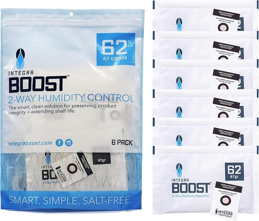 Integra Boost - 62% RH Level - 67 Gram Size - Two-Way Humidity Control Pack - Incl. Replacement Indicator Cards - Food Storage & Herbs Moisture Balancer For Up to 1 LB (Pack of 6)