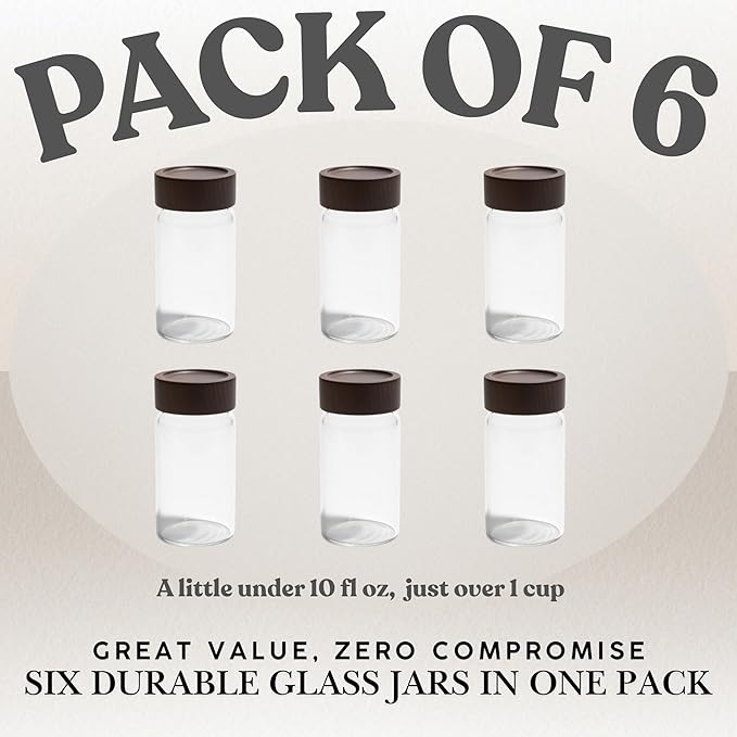 Wide Mouth Glass Storage Jars With 2.5" Acacia Wood Lids - 6 Pack of 9.5 Oz Food Storage Containers - Borosilicate Glass Canisters Sets For Kitchen - Pantry Organizers and Storage for Rice Coffee