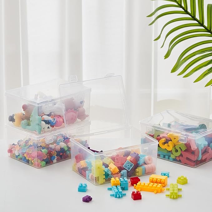 4 Pcs 7.09 x 5.2 x 3.43 Inch Clear Plastic Playroom and Gaming Storage Organizer Box Containers Stackable Storage Bins with Lids for Shelves or Cubbies, Holds Puzzles Building Blocks
