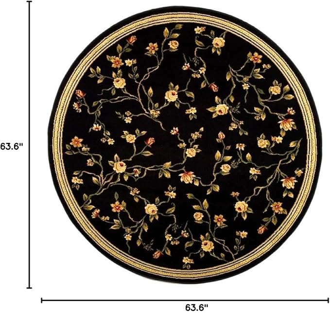 SAFAVIEH Lyndhurst Collection Area Rug - 5'3" Round, Black, Traditional Floral Design, Non-Shedding & Easy Care, Ideal for High Traffic Areas in Living Room, Bedroom (LNH220A)