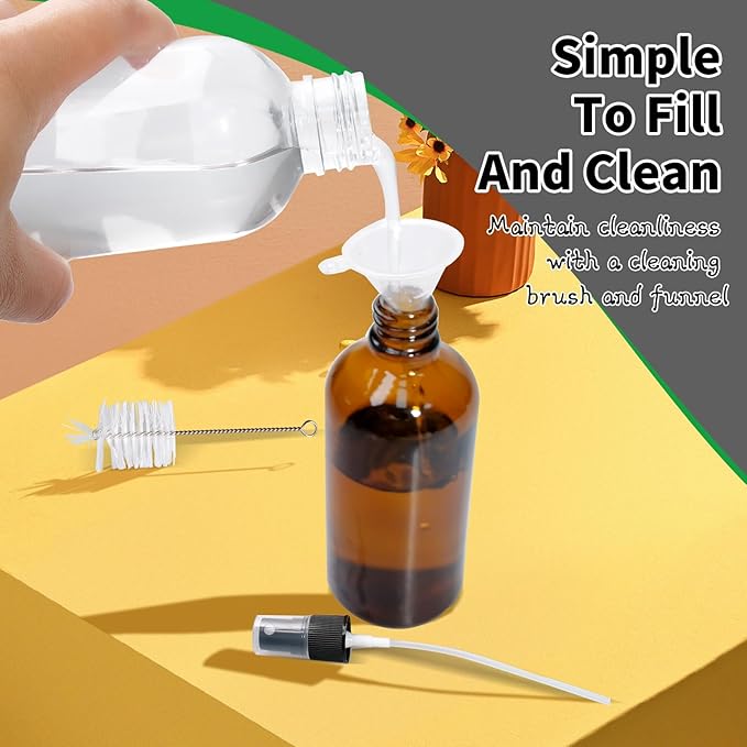 52 Pcs 4 Oz Amber Glass Spray Bottles with Funnel, Brush & Labels Set Small Spray Bottle for Travel, Oil Spray & Mist