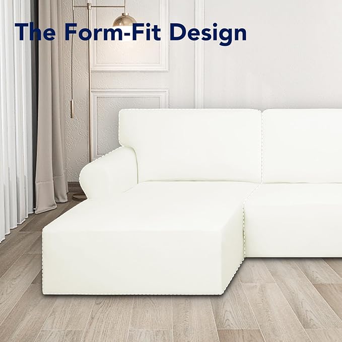PureFit Super Stretch Sectional Couch Covers - 2 pcs Spandex Non Slip Sofa Covers with Elastic Bottom for L Shape Sectional Sofa Couch, Great for Kids & Pets (3 Seat Sofa + 2 Seat Chaise, Ivory)