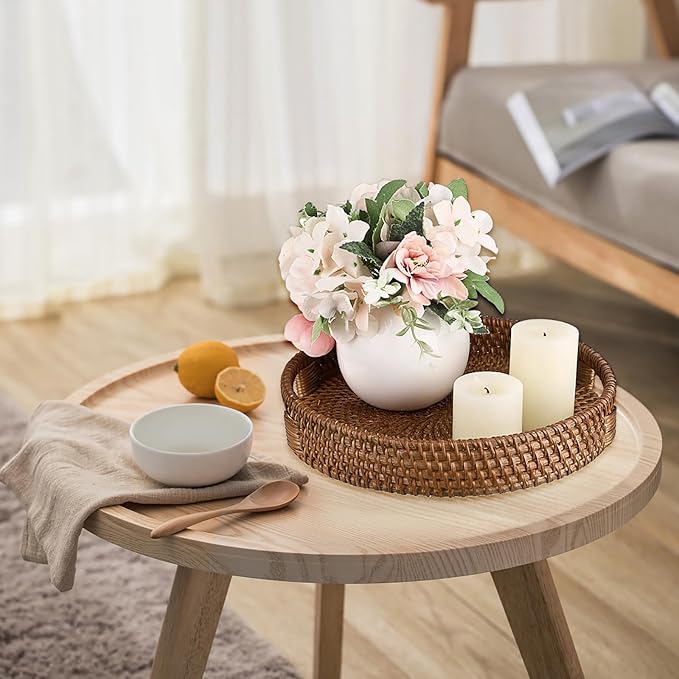 Hipiwe Rattan Round Serving Tray with Handles, Woven Decorative Basket Tray for Coffee Table, Small Wicker Ottoman Tray for Serving Breakfast Dinner Parties, Brown 10 inch