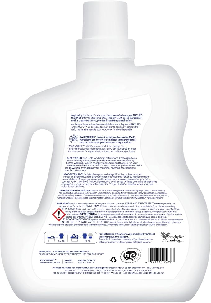 ATTITUDE Liquid Laundry Detergent,EWG Verified,HE Compatible,Plant-Based & Vegan,Natural Laundry Soap,Citrus Zest Scent,60.8 Fl Oz,(Pack of 2)