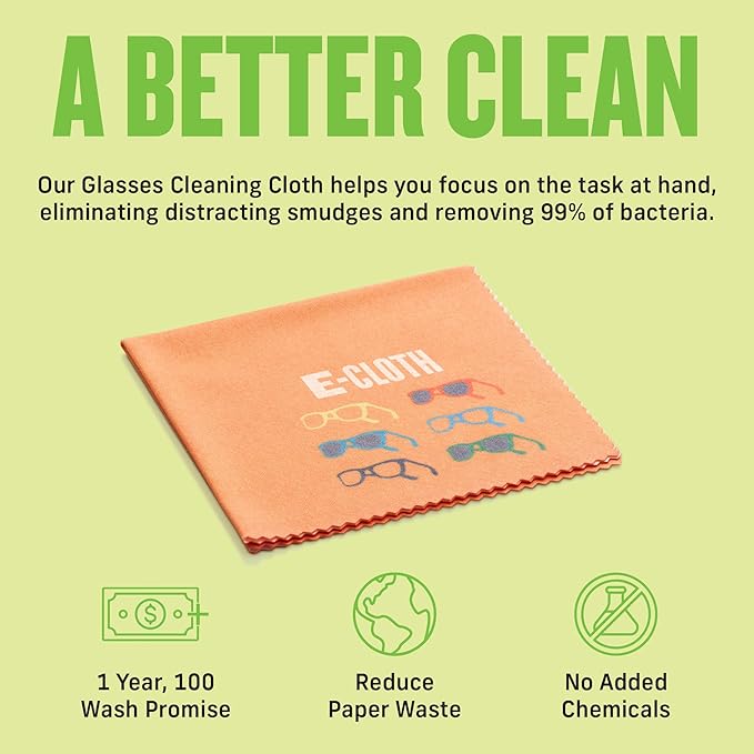 E-Cloth Glasses Cloth, Premium Microfiber Cleaning Cloth, Ideal Eyeglass and Lens Cleaner, Washable and Reusable, 100 Wash Guarantee, 1 Pack