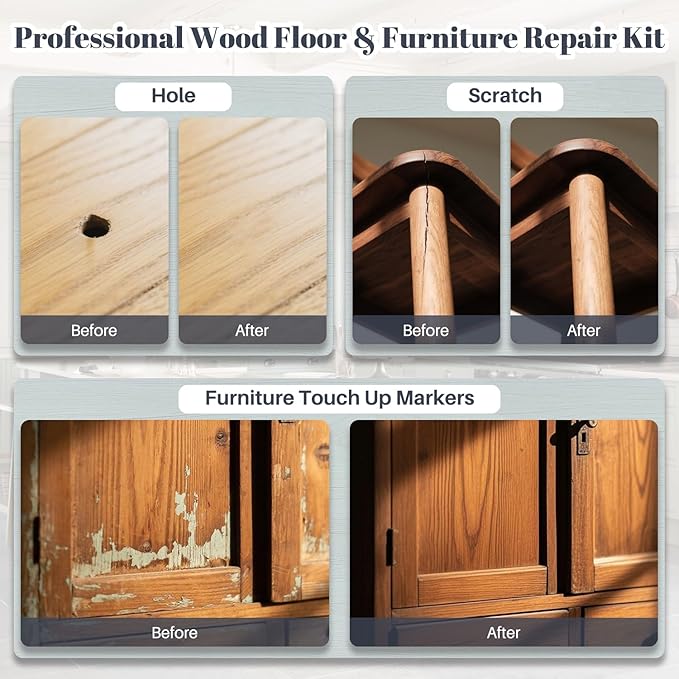Hardwood Floor Scratch Repair Kit, Laminate Vinyl Floor Repair Kit with Heat Pen, 6 Colors Floor Wax Wood Furniture Touch up Marker Pen Scratch Remover for Cracks, Holes, Table, Cabinet.