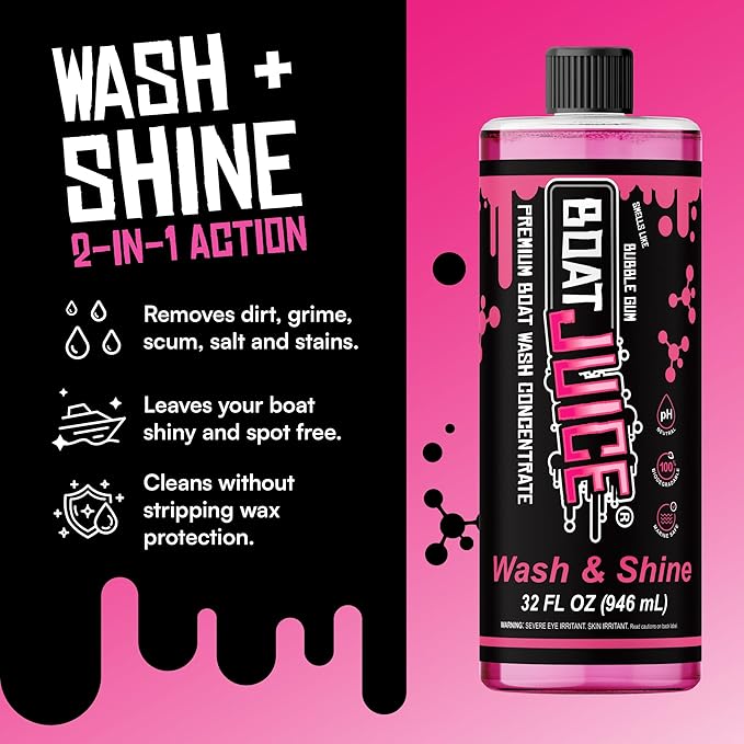 Boat Juice Boat Wash & Shine | pH Neutral Boat Wash & Wax Soap for Fiberglass, Hull, Deck, and Vinyl | Bubble Gum Scent | Marine Detailing & Cleaning Supplies, Boating Accessories | Made in USA