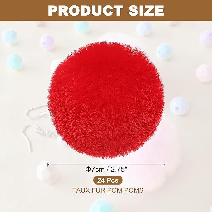 PATIKIL Faux Fur Pom Poms for Hats, 24 Pcs Fluffy Soft Fur Poms Balls with Elastic Loop for Keychain Knitting Hats DIY Scarves Gloves Bag Christmas, Red