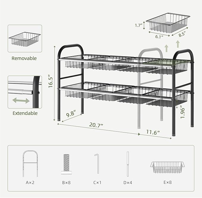 Under Sink Organizers and Storage, 2-Tier Expandable Under Cabinet Organizer Shelf with 8 Baskets, Expandable Shelf for Cupboard, Kitchen, Bathroom, Shoe Storage Rack