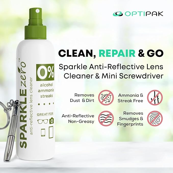 Sparkle Anti-Reflective Eco-Friendly Lens Cleaner & Repair Kit – (2) 4oz Glasses Cleaner Spray, (2) Microfiber Cloths & Keychain Screwdriver for Eyeglasses, Sunglasses, Lenses & Screens (5 Piece Set)
