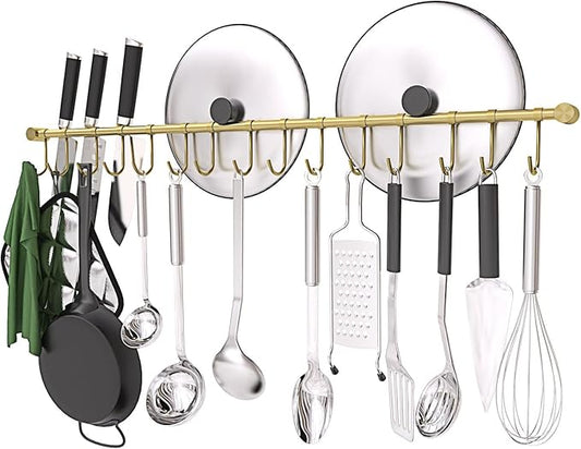 304 Stainless Steel Kitchen Utensil Hanger - 30 Inch Wall Mount with 15 Noiseless Sliding Hooks, Pots and Pans Hanging Rack, Organizer Storage Perfect for Organizing Cooking Tools, Golden