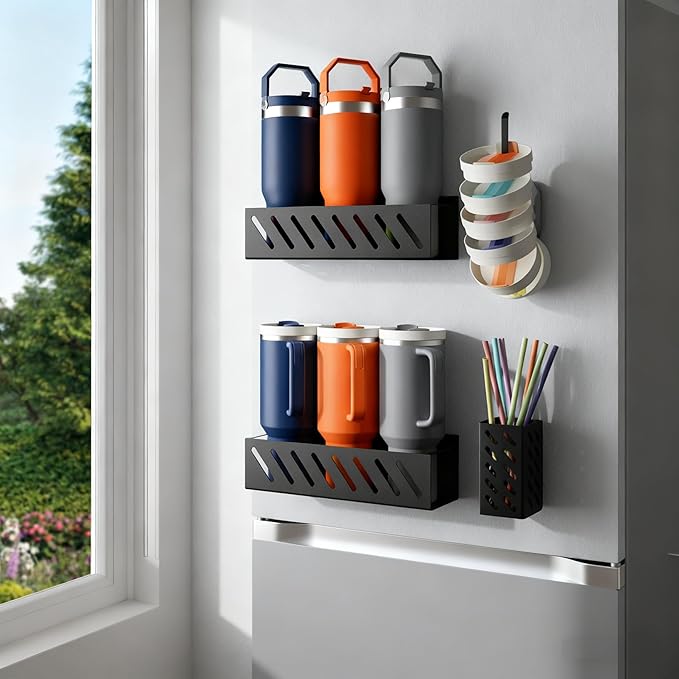 Magnetic Stanley Cup Organizer (2-Count) - Secure Fridge Mount for Full-Size 30/40 oz Tumblers with Lid & Straw Storage (6 Tumblers)