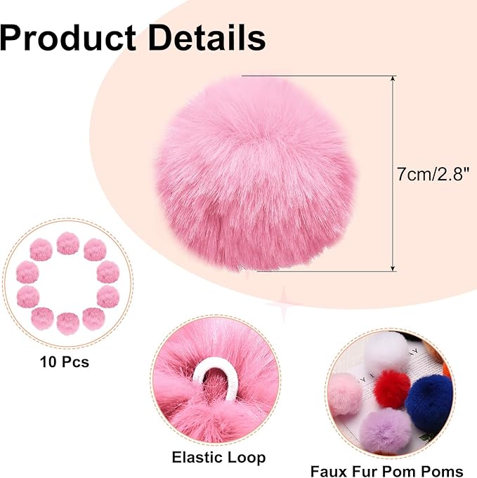 uxcell 2.8 Inch Faux Fur Pom Pom Balls, 10 Pcs Pink Fluffy Soft Faux Fur Pom Poms for Hats with Elastic Loop for DIY Knitting Hats Keychain Scarves Gloves Bags Shoes Accessories