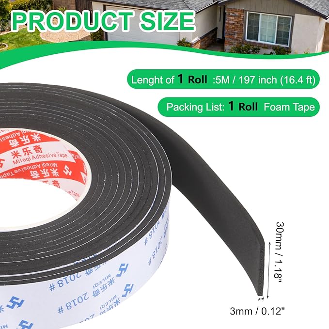 PATIKIL Sponge Rubber Foam Tape, 1 3/16" W x 1/8" t x 16.4ft l Self-Adhesive Foam Insulation Tape Weather Stripping for Window Door Soundproofing Weatherstrip AC Seal Strip, Black