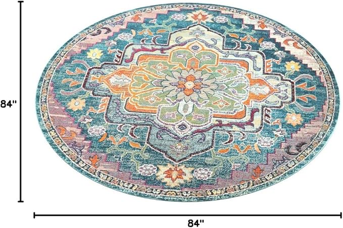 SAFAVIEH Crystal Collection Area Rug - 7' Round, Teal & Rose, Medallion Distressed Design, Non-Shedding & Easy Care, Ideal for High Traffic Areas in Living Room, Bedroom (CRS501T)