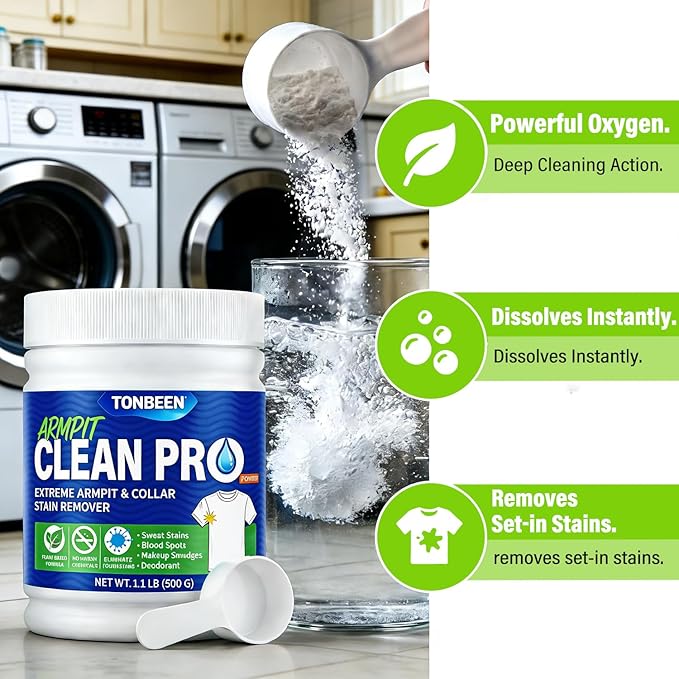 Oxygen Laundry Powder, Sweat & Deodorant Armpit Stain Remover for Clothes, Hyper Concentrated & Suitable for Multi-Stain, Yellow Oil Spot Tough Stain Build Up Remover, Gentle On Fabrics - 500g