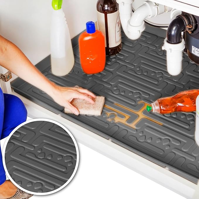 XTREME MATS Waterproof Undersink Mat (Gray 28" 1/4 x 19 1/4) Cabinet Base Liner for Bathroom Vanity Cabinets Catches Leaks Prevents Damage Flexible Driptray