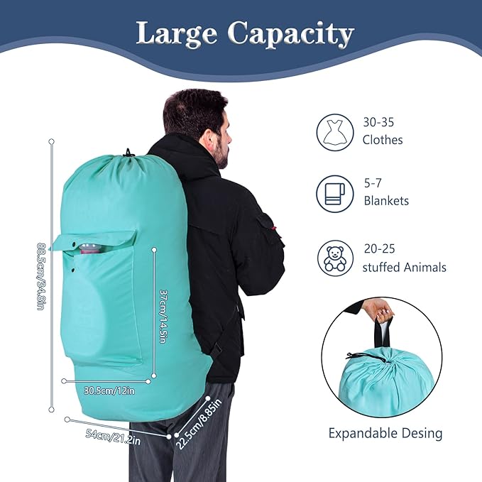 Sanlykate Canvas Backpack Laundry Bag - Extra Large Durable Dirty Clothes 2-3 Days Capacity with Adjustable Shoulder Strap & Front Pocket, for College Dorm, Apartment, Laundromats, Camping Travel