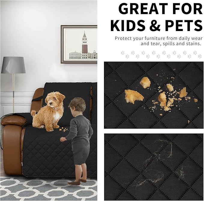 Easy-Going Oversized Loveseat Recliner Cover, Reversible Couch Cover for Double Recliner, Split Sofa Cover for Each Seat with Elastic Straps for Kids, Dogs, Pets(Oversized 2 Seater, Black/Beige)