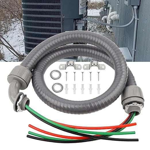 1/2Inch Outdoor Electrical Whips Kit, 4 FT Nonmetallic Liquid Tight Flexible Conduit Wire with 3 Conductors 10 Gauge THHN Electrical Wires, A/C Disconnect Box Power Whips Assembly (4FTx1/2Inch)
