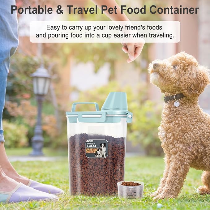 3-5LBS Upgraded Large Nozzle Cat Dog Food Storage Container BPA-free, Airtight Pet Food Storage Bin with 4 Lock Buckles, Sealing Gasket, Cup for Pet Food, Dog Treats, Rice, Flour, Dry-Blue