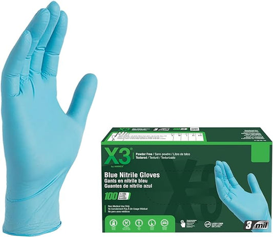 X3 Blue Nitrile Disposable Industrial-Grade Gloves, 3 Mil, Latex & Powder-Free, Food-Safe, Non-Sterile, Lightly Textured