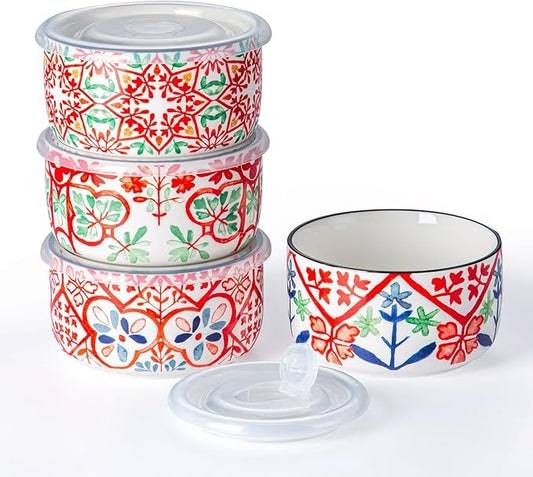 Ceramic Bowls Set with Lids: Set of 4 Microwave Safe Bowls for Soup Meal Prep Cereal Salad Fruit - Food Storage Containers with Lids for Work Lunch Pinic Camping - Pattern A1