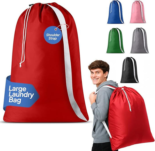 Handy Laundry Bag Shoulder Strap Extra Large - Drawstring Locking Closure, Durable Material, Heavy Duty Stitching, Hands Free Carrying - Perfect College Dorm (Red, 30" x 40")